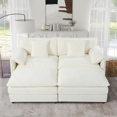 Canapé modulaire à assise profonde avec 2 repose-pieds et coussins moelleux, causeuse modulaire pour salon et appartement, beige
