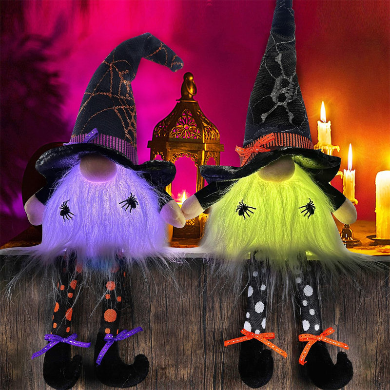 Ensemble de 2 décorations de table d'Halloween, gnomes en peluche lumineux de 17 po avec pattes suspendues