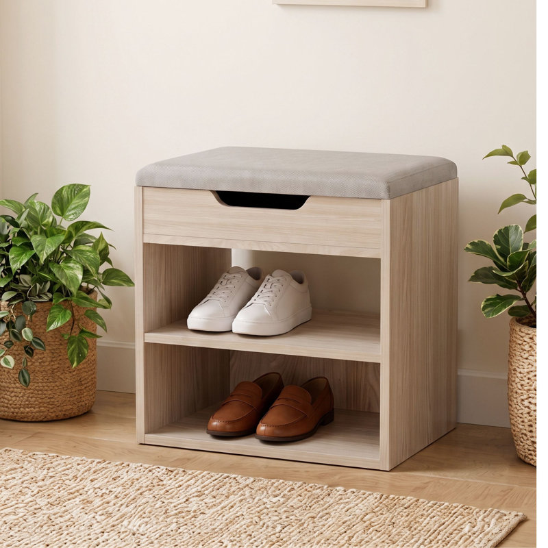 Banc de rangement pour chaussures 13,2 "avec coussin, étagère à chaussures réglable à 2 niveaux pour vestibule, Bois naturel