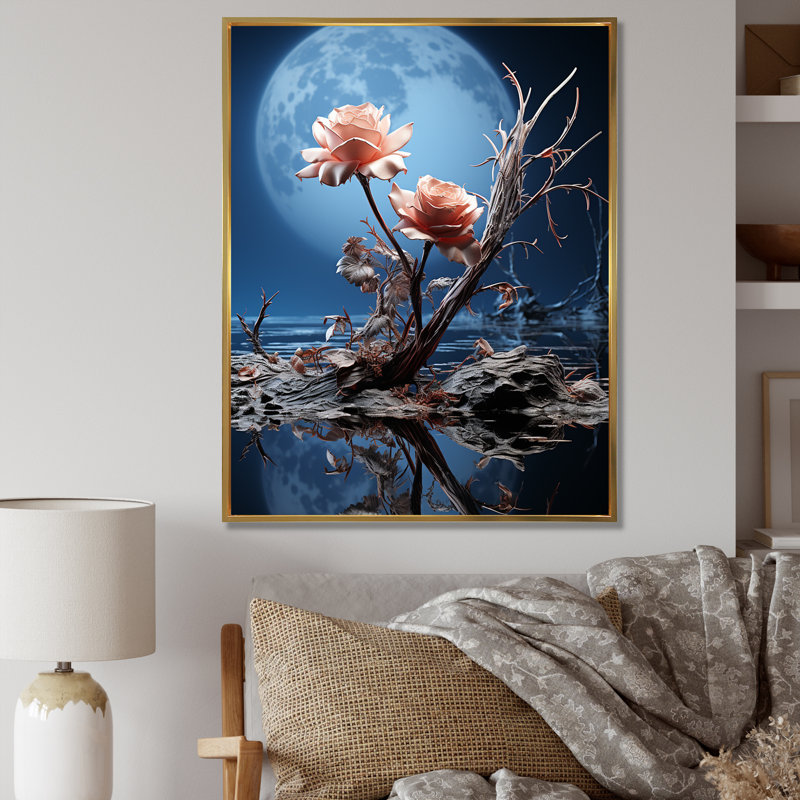 «Moonlit Flower Serenity Blooms II - Rose», art mural, Cadre flottant doré, H 44 po x l 34 po x P 1,5 po