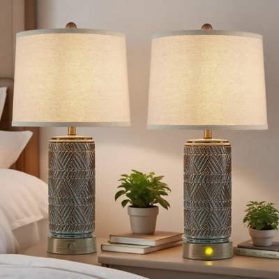 Ensemble de 2 lampes de table de ferme avec contrôle tactile à 3 voies à intensité variable et deux ports de charge USB, lampes de table de chevet en céramique rétro pour le salon et la chambre à coucher, comprend des ampoules DEL