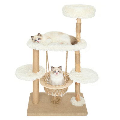 Natural Solid Wood Cat Tree For Indoor Cats With Sisal Scratching Posts, Multi-Level Platforms, Hanging Basket & Anti-Tipping Strap - Large Cat Climber For Multiple Cats, 54" Height