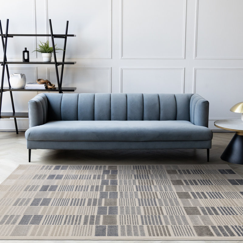 Tapis rayé bleu contemporain contemporain, 7 pi 10 po x 10 pi 6 po