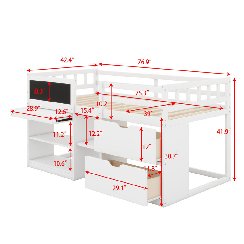Lit mezzanine bas avec bureau roulant, tablette et tiroirs, Blanc