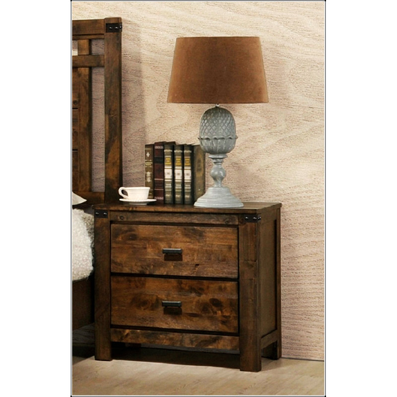 Rustic Two-Drawer Nightstand With Solid Wood Construction And Vintage Design For Bedroom Storage