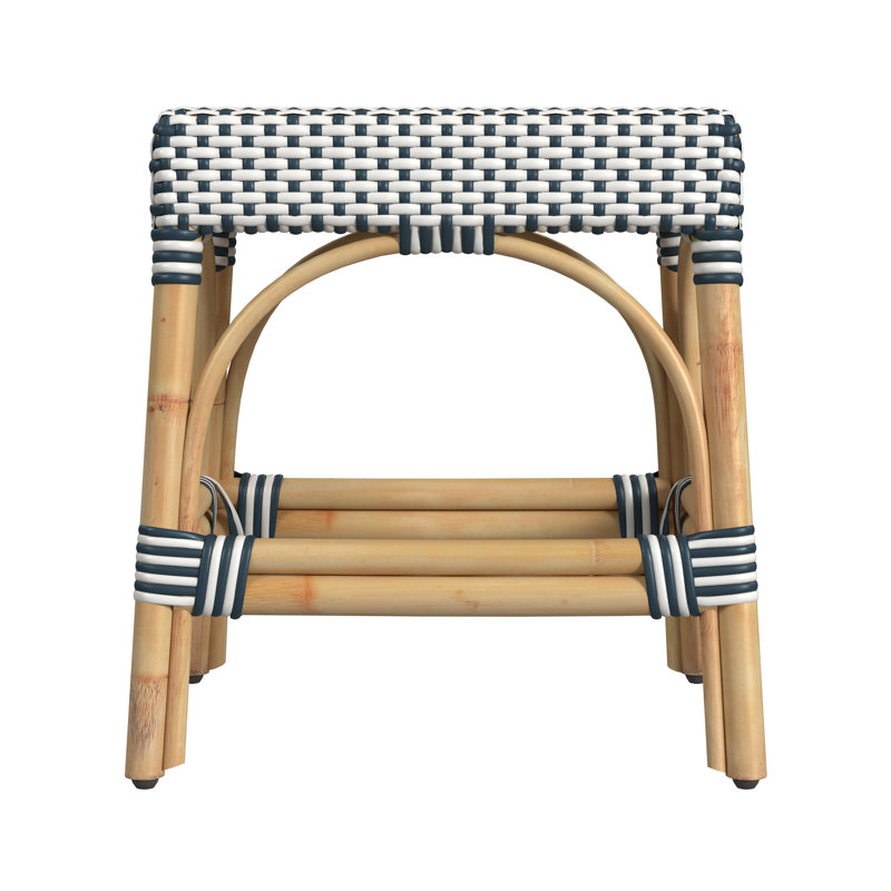Robias Rattan 18" Dining Stool, White/Navy Dot/ Natural Rattan Frame