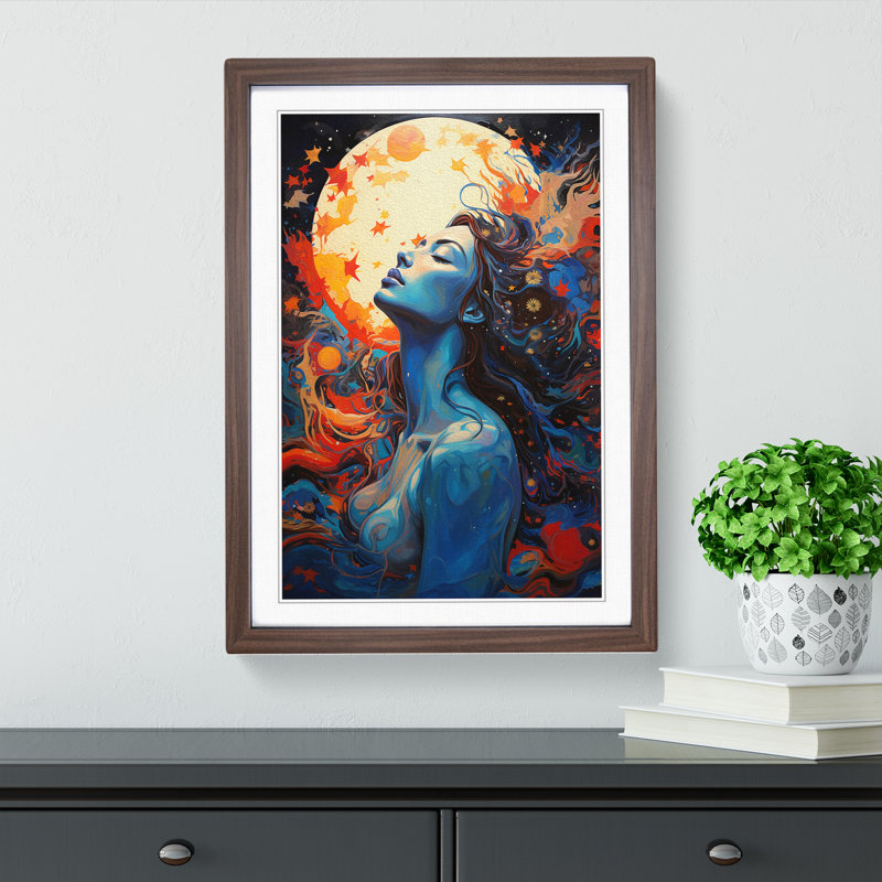 Moon Expressionism - Single Picture Frame Print on Wood, Walnut Framed, 34cm H x 25cm W x 2cm D