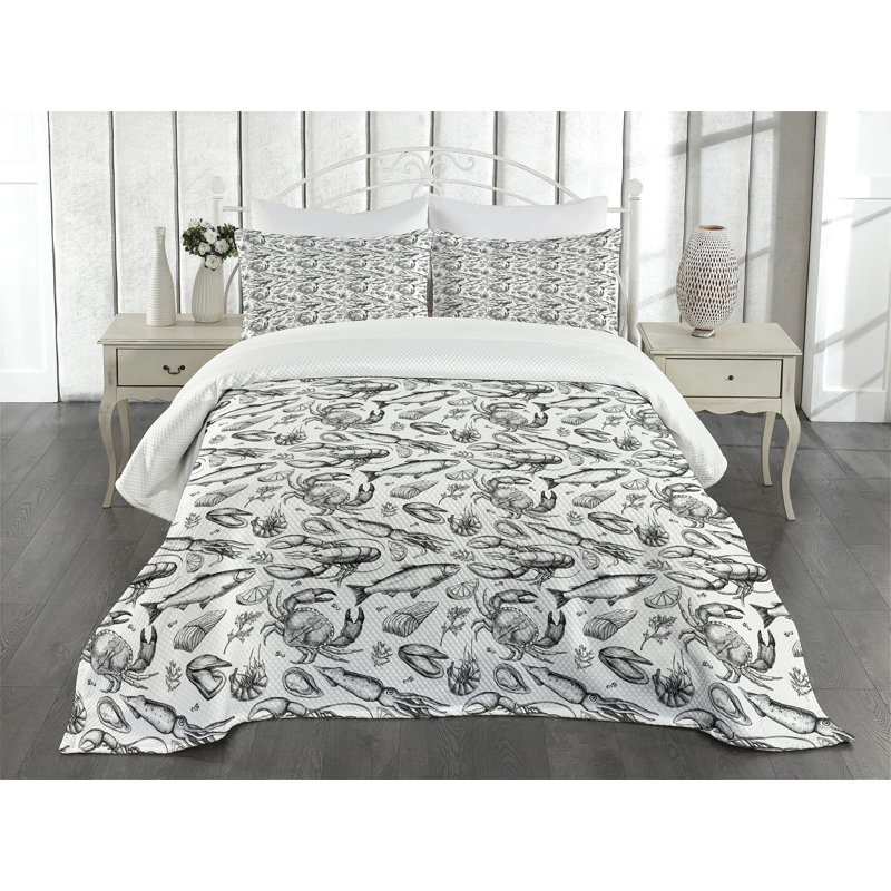 Ambesonne Ocean Bedspread Set Sketchy Seafood Pattern Black and White, Queen Coverlet/Bedspread + 2 Standard Shams