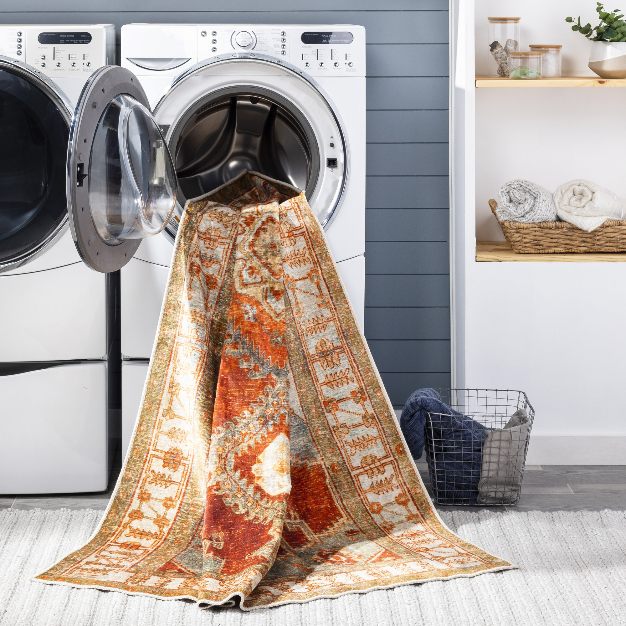 Mags Machine Washable Oriental Burnt Orange/Orange Area Rug, Rectangle 7'6" x 9'6"