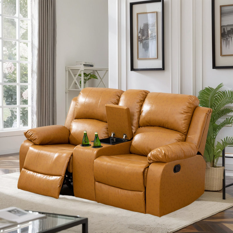 Causeuse inclinable de 68 po en cuir végétalien de qualité supérieure avec console centrale et porte-gobelets, Ginger