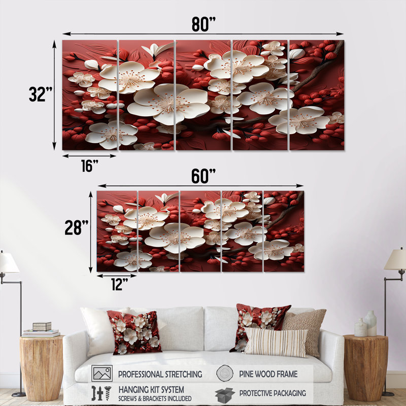 Ensemble de 5 décorations murales orchidées blanches et rouges IV - Floral Abstract, H 32 po x l 80 po