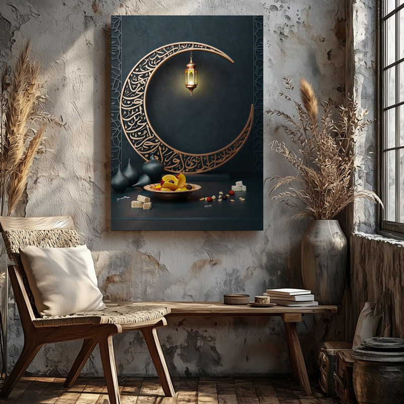 Reproduction d'art sur toile, une magnifique scène complexe mettant en vedette un mur texturé foncé orné d'un grand croissant de lune orné