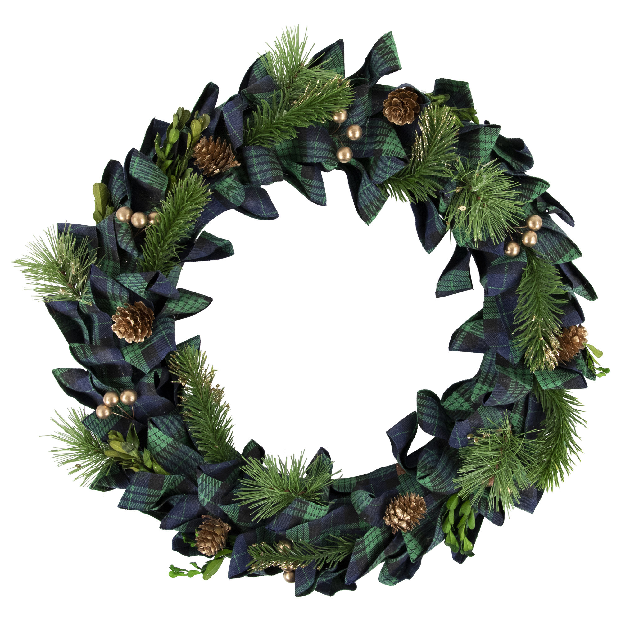 Northlight Seasonal Blue and Green Plaid Bow Artificial Pine Christmas Wreath | Wayfair