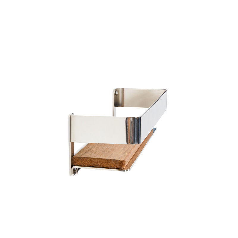 Clet Wall Mount Stainless Steel Teak Wood Rectangular Bathroom Shelf, Polished