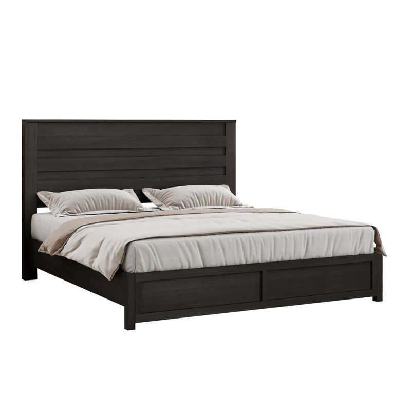 Full Black Metal Frame Bed with Wood Headboard and Slats