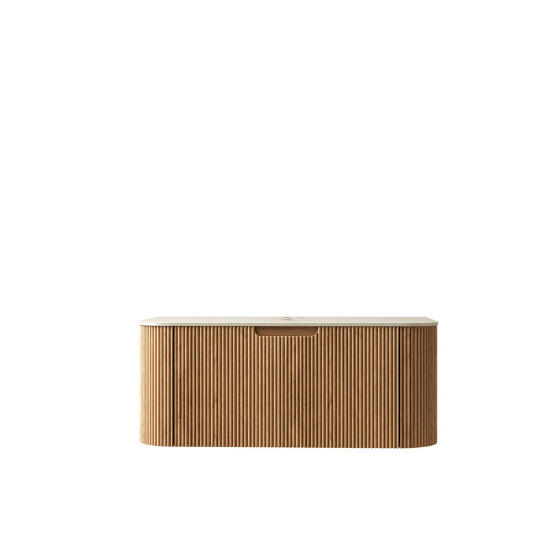 Spacieuse base de meuble-lavabo en bois naturel avec comptoir en travertin romain