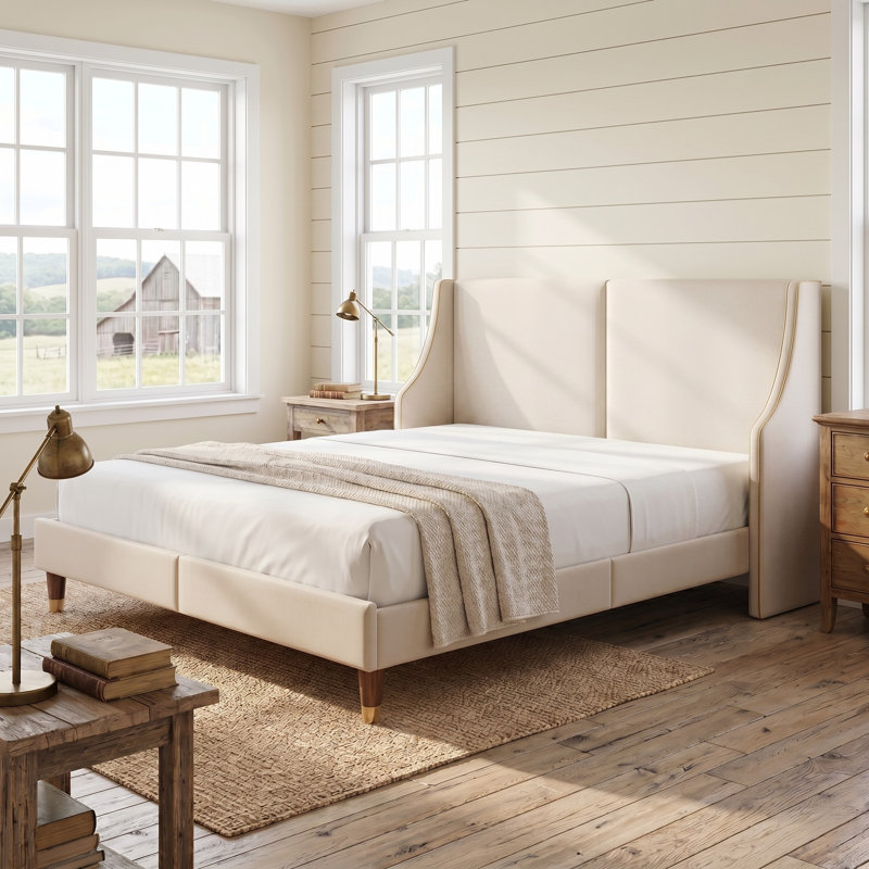 Melaya Wingback Upholstered Platform Bed Frame, Cream, King