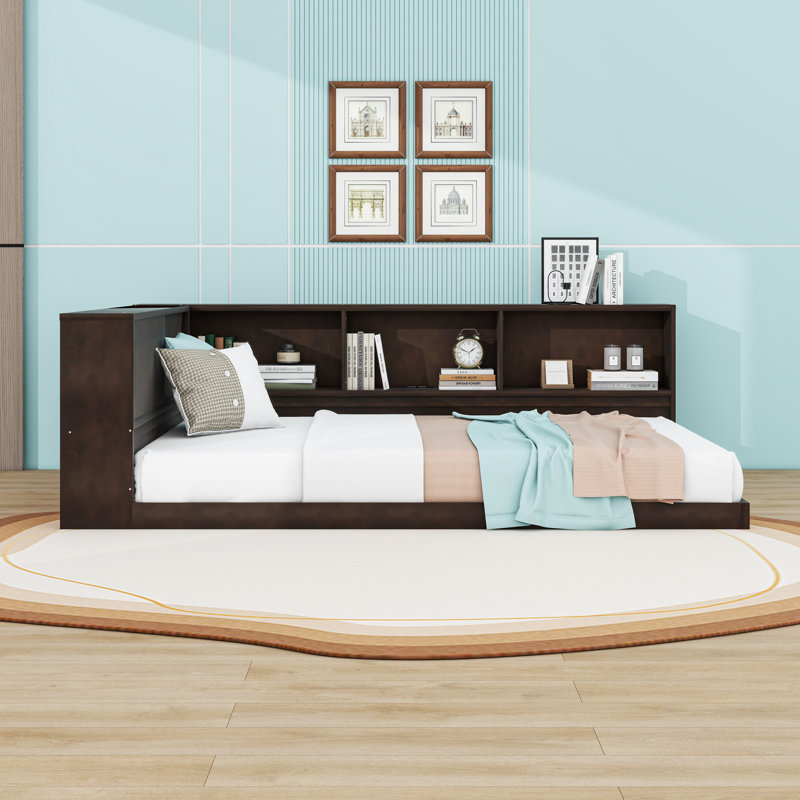 Queen Wooden Daybed with Light Strip, USB Ports and Shelves, Brown