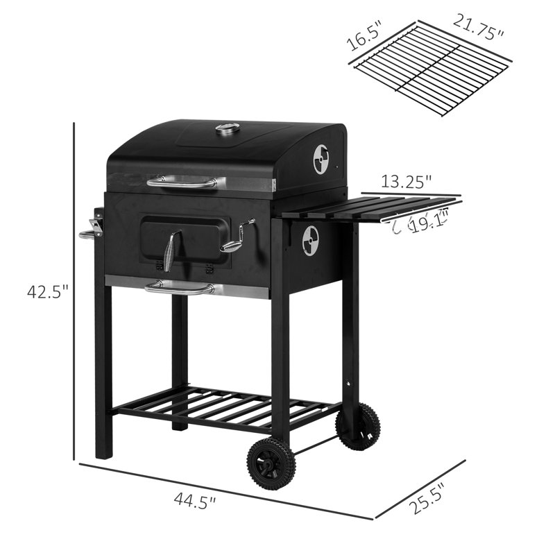 Barbecue au charbon de bois, cuiseur d'extérieur portatif pour le camping et les rassemblements dans la cour. Surface de cuisson de 21,75 po x 16,5 po, table d'appoint, tablette inférieure, roulettes, poignée, noir. Conception pratique avec gril de pique-nique.