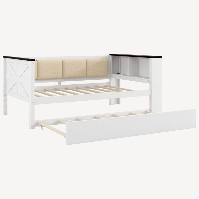 Wood Daybed With Storage Shelves, Upholstered Backrest,USB And Trundle, Twin