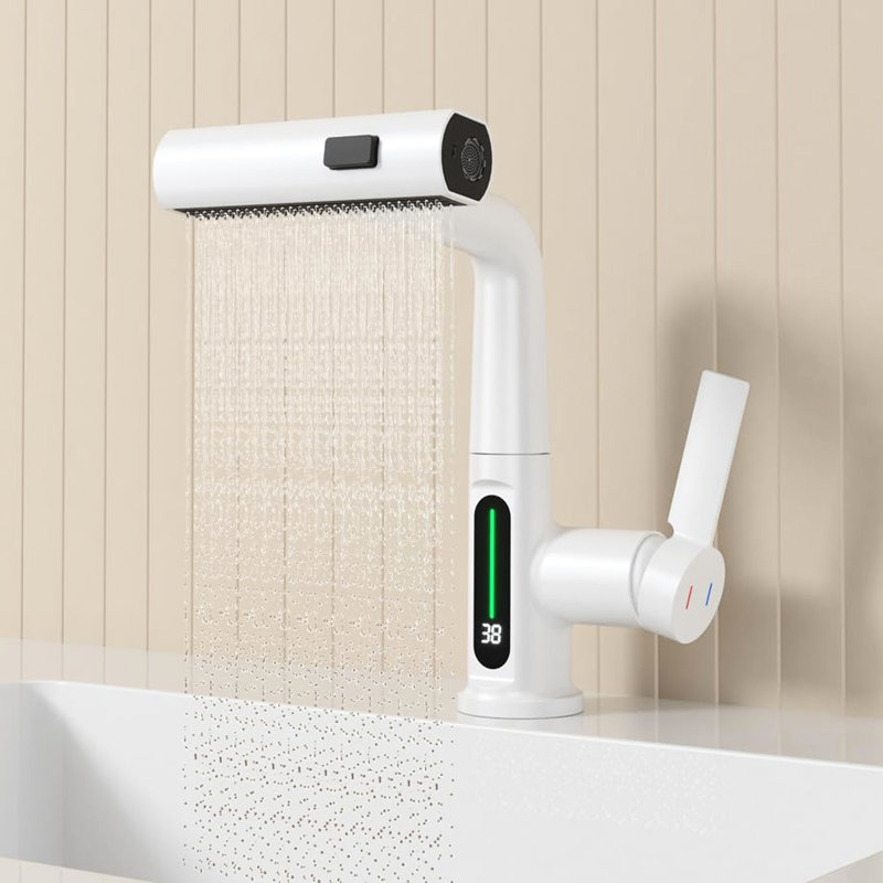 Robinet de lavabo de salle de bain à DEL avec indicateur de température - escamotable, rotatif à 360 °, 31 modes de bec, hauteur réglable, lève-robinet blanc rotatif,