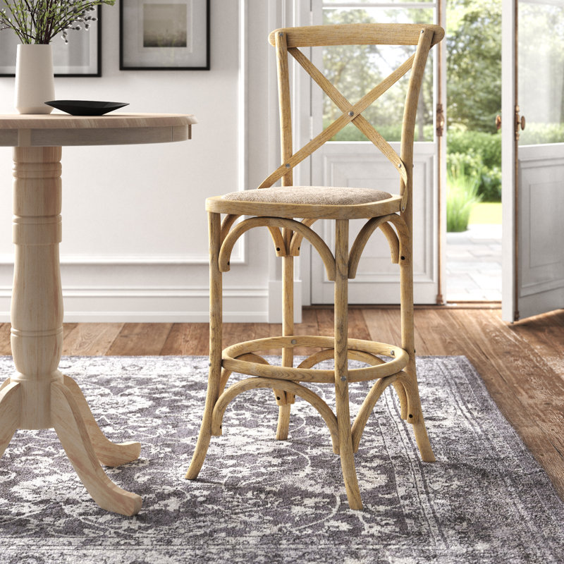 Tabouret en bois d'orme massif avec siège en rotin Kelseyville, Gris délavé