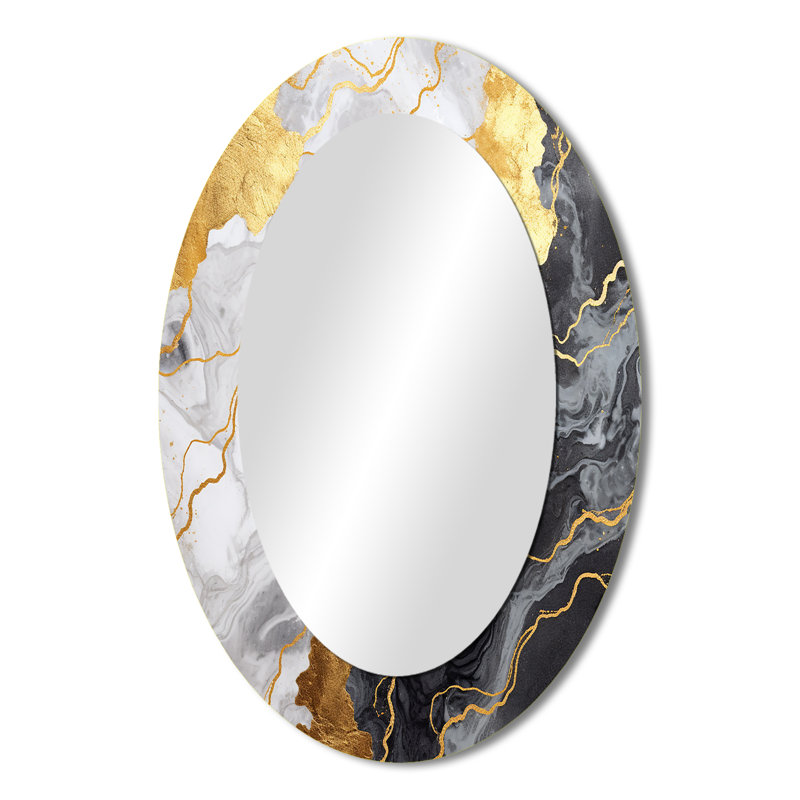 Gold And Grey Abstract Marble Mirage III - Modern Oval Wall Mirror, 36" x 24"