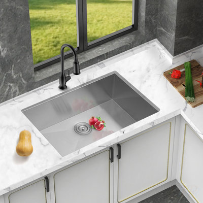 26 Inch Undermount Stainless Steel Kitchen Sink with 16 Gauge, 9 Inch Deep Single Bowl, Includes Drain Assembly for Easy Installation and Maintenance
