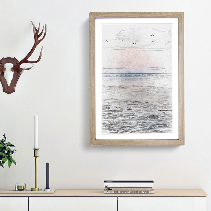 Birds Above the Ocean in Abstract - Picture Frame Graphic Art Print, Oak Framed, 87cm H x 62cm W x 2cm D