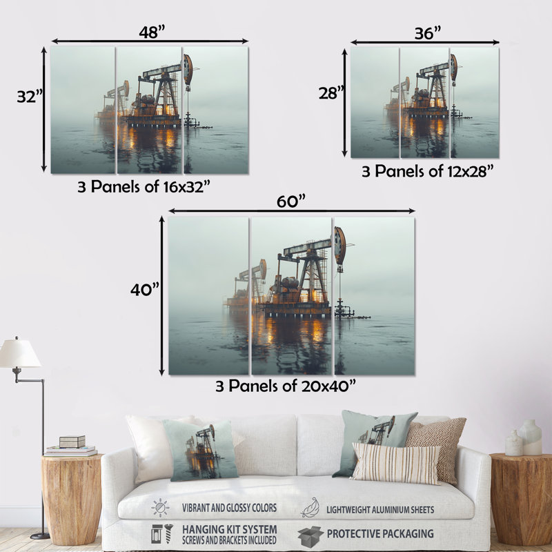Gris, jaune, hiver, carburant, Futures, plate-forme de pétrole, ensemble d'art mural, H 32 po x l 48 po x P 1 po