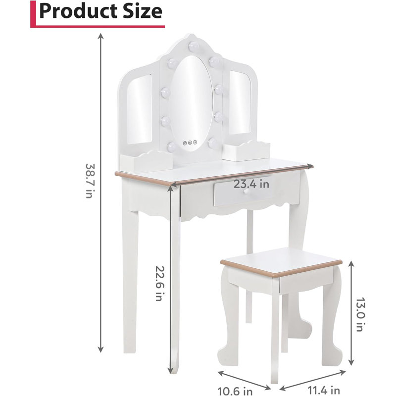 Kids Vanity Set with Stool, 3-Panel Mirror & Pretend Makeup Table for Girls, Toddler Dress-Up Play Set, White