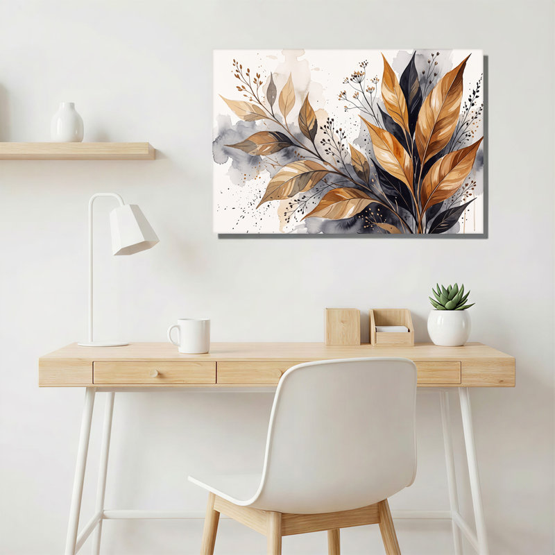 Art mural sur toile, feuilles dorées et noires, H 20 po x l 30 po