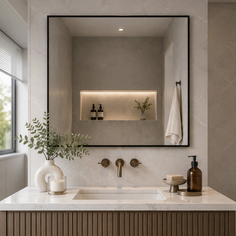 Miroir mural de salle de bain rectangulaire à cadre en aluminium noir, 76 cm (H) x 91 cm (L), installation horizontale ou verticale