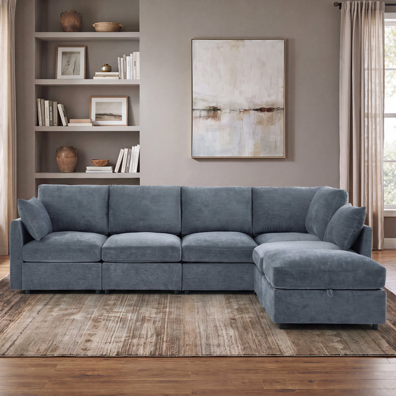 Canapé modulaire en U 6 places en chenille avec 2 repose-pieds, Gris chenille