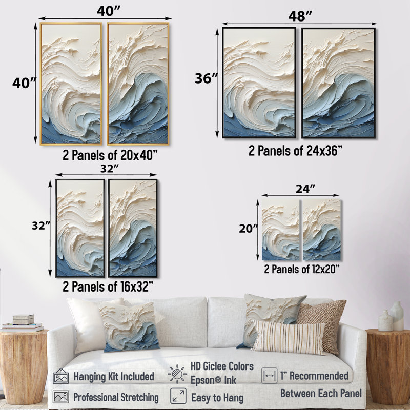 Vague blanche et bleue style Papercut - décoration murale bord de mer beige, Impression encadrée flottante, H 36 po x l 48 po