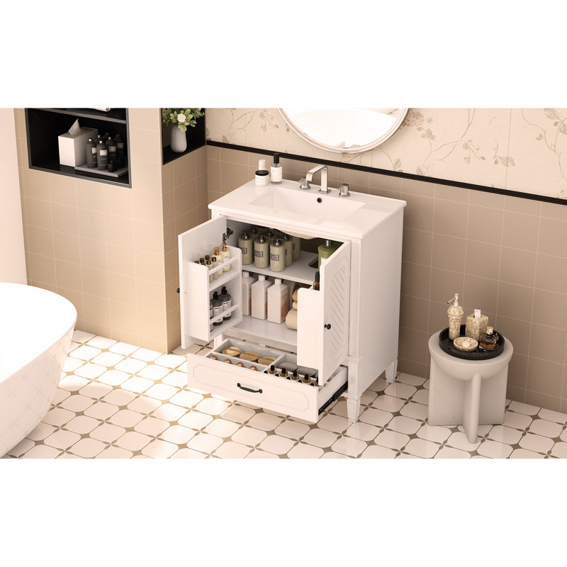 Meuble-lavabo 30 po avec lavabo style rétro, espace de rangement multifonctionnel, tablette de porte, porte à fermeture en douceur