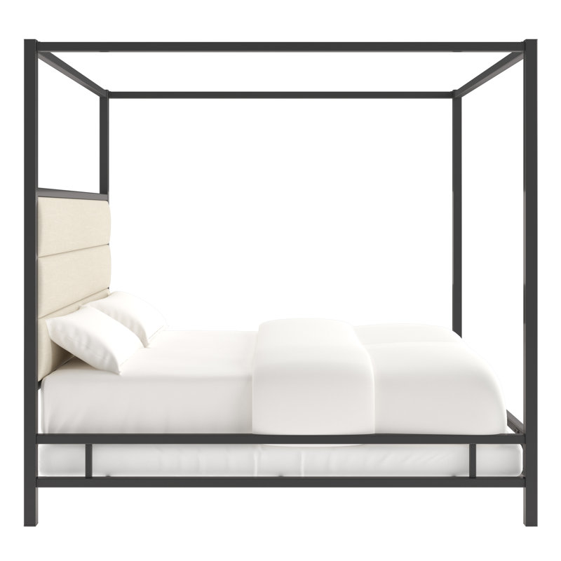Pettaway Upholstered Metal Canopy Bed, Black Nickel/Beige, Full