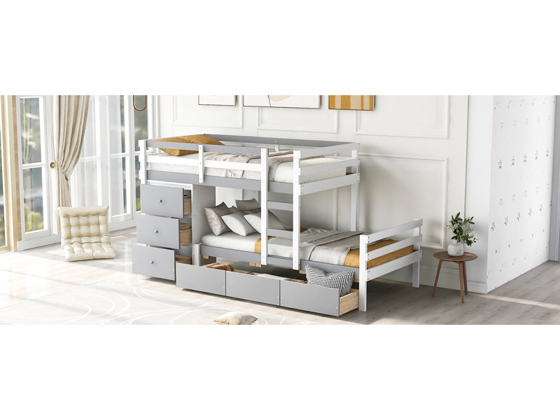  Twin over Twin Loft Bunk Bed with Built-in Ladder, Storage Compartments and Guardrails, Grey, Grey