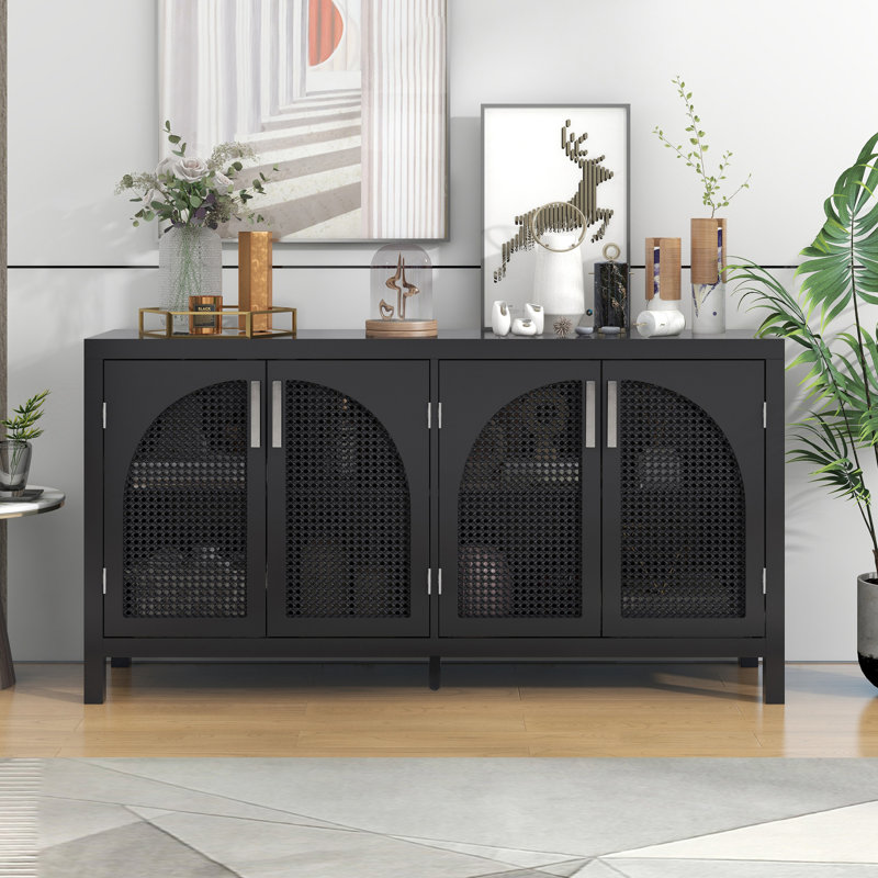 Black 60'' MDF and Rattan 4-Door Sideboard
