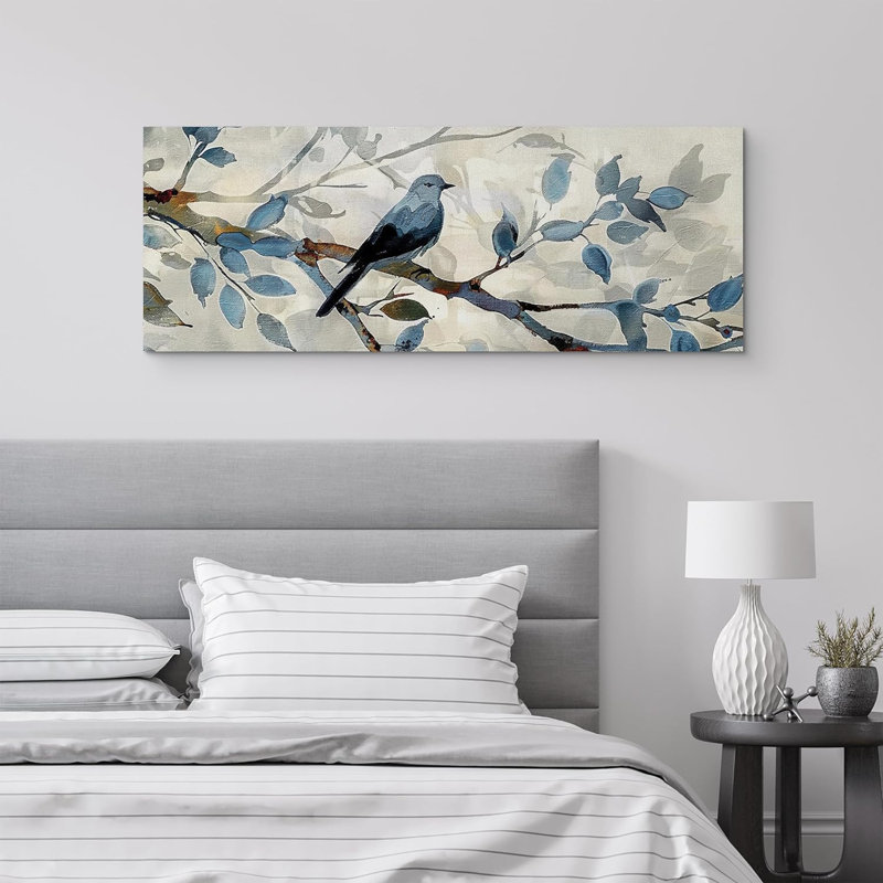 «Animals Tranquil Blue Birds On Tree Branches On Canvas», reproduction de 2 pièces, Toile tendue, H 24 po x l 32 po