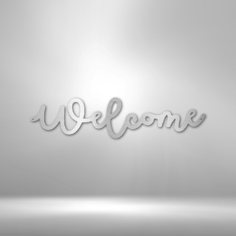 Panneau mural en métal Welcome Script, H 17 po x l 17,5 po x P 0,5 po, Argent argent
