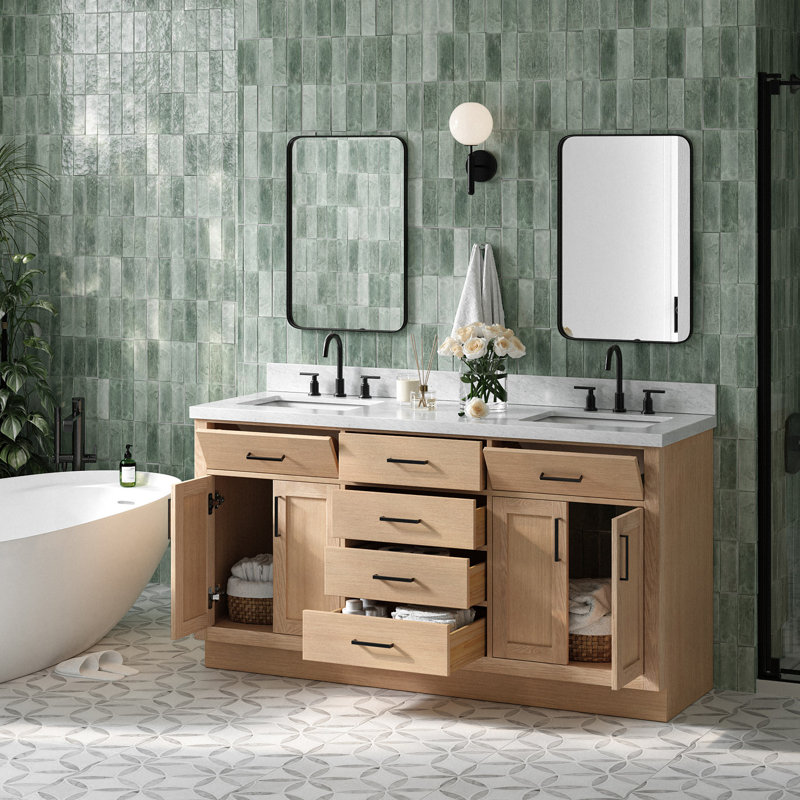 Thornaby 66'' Solid Wood Double Bathroom Vanity with 1.5'' Carrara Marble Top, Natural Oak / Matte Black, Rectangular