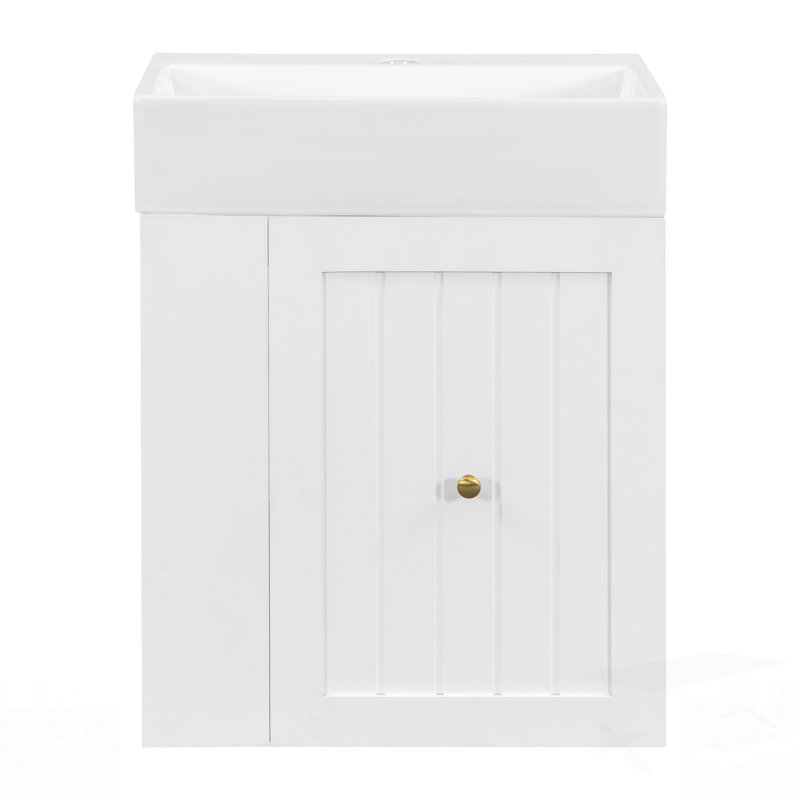 Meuble-lavabo de salle de bain avec lavabo en céramique, armoire de rangement en panneau de fibres à densité moyenne, tiroir, tablette latérale et poignée dorée - conception moderne peu encombrante pour les petites salles de bain