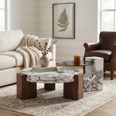 Ensemble de 2 tables basses gigognes - Table basse moderne effet marbre blanc avec table d'appoint en verre trempé, tables d'appoint gain de place pour le salon