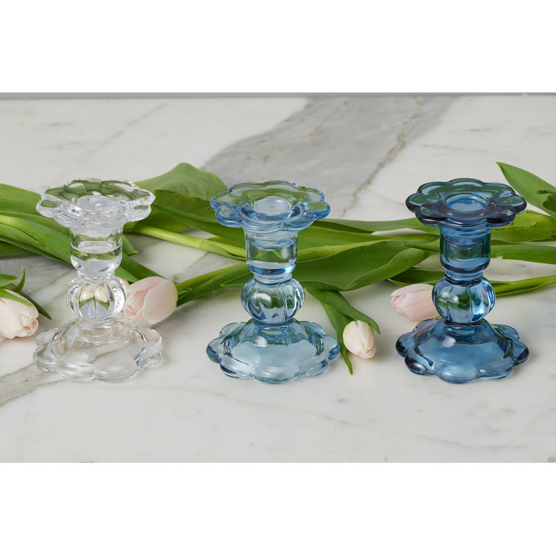 Glass Scalloped Candlesticks, Clear/Denim/Navy
