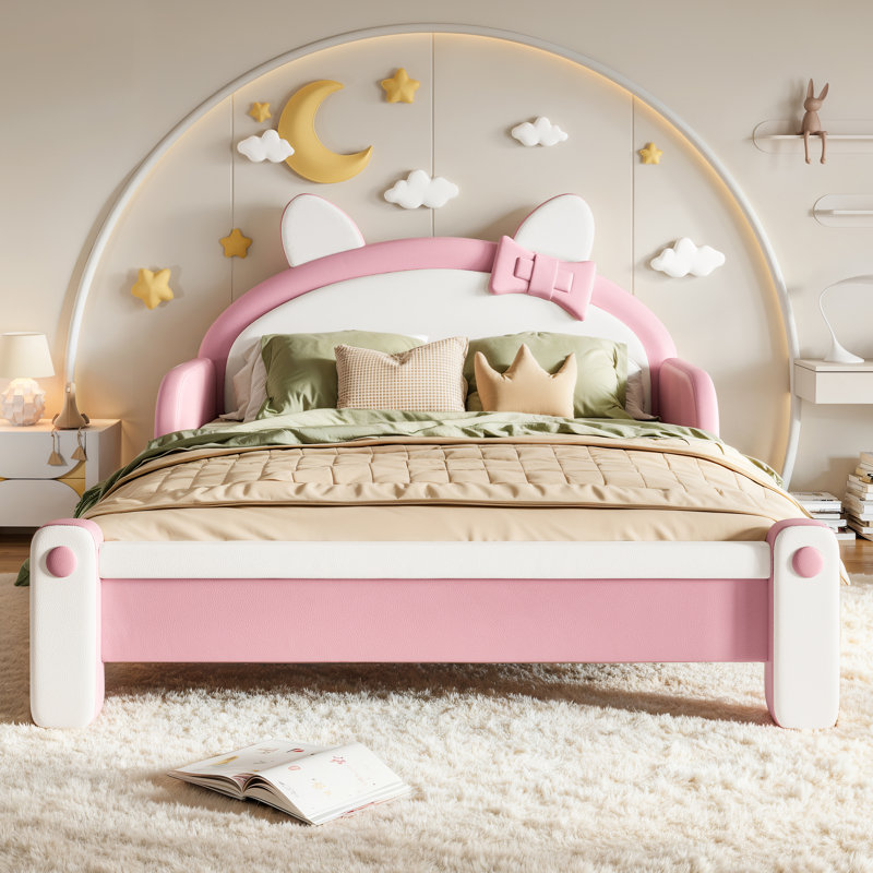 Lit plateforme tapissier pour enfant pleine grandeur en forme de chat, cadre de lit pour enfant à profil bas de style princesse, blanc et rose
