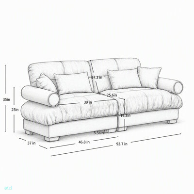 Grand canapé moderne à deux places avec accoudoirs renforcés, canapé en velours 2 places avec coussins de taille et coussins décoratifs, convient au salon, au loft, aux espaces de travail, au couloir et à la chambre à coucher, bleu