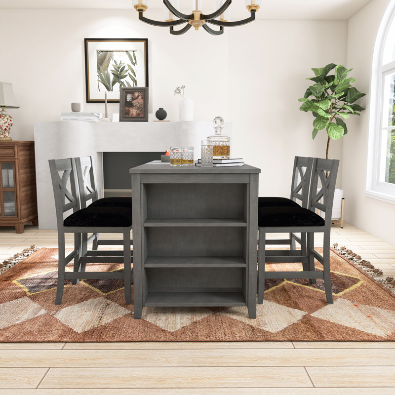 Ensemble de table de salle à manger 5 pièces à hauteur de comptoir, ensemble de table de bar en bois gris avec 4 chaises rembourrées et 3 tablettes ouvertes