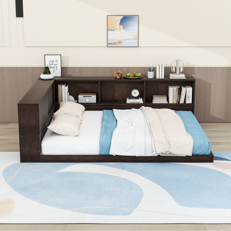 Queen Size Wood Daybed with Storage Shelves, USB and LED Light, Brown