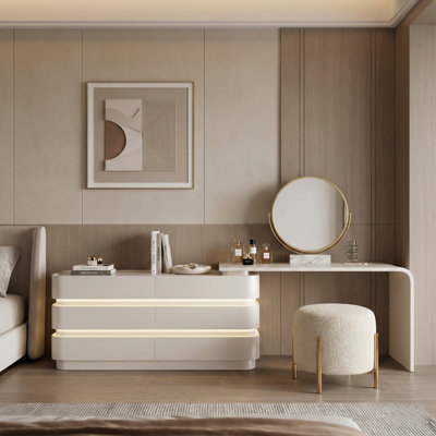 Modern Retractable Makeup Vanity Desk with Ambient LED Lighting, 6-Drawer Large Storage Dressing Table by Wrought Studio